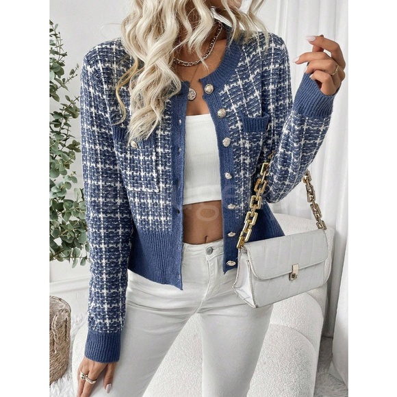 Blue Plaid Button Up Cardigan Knit Long Sleeve Stretchy - Picture 2 of 8